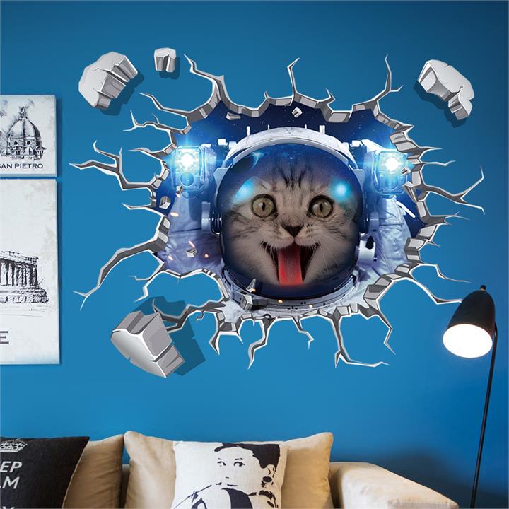 Miico Creative 3D Space Astronaut Cat Broken Wall PVC Removable Home Room Decorative Wall Floor Decor Sticker