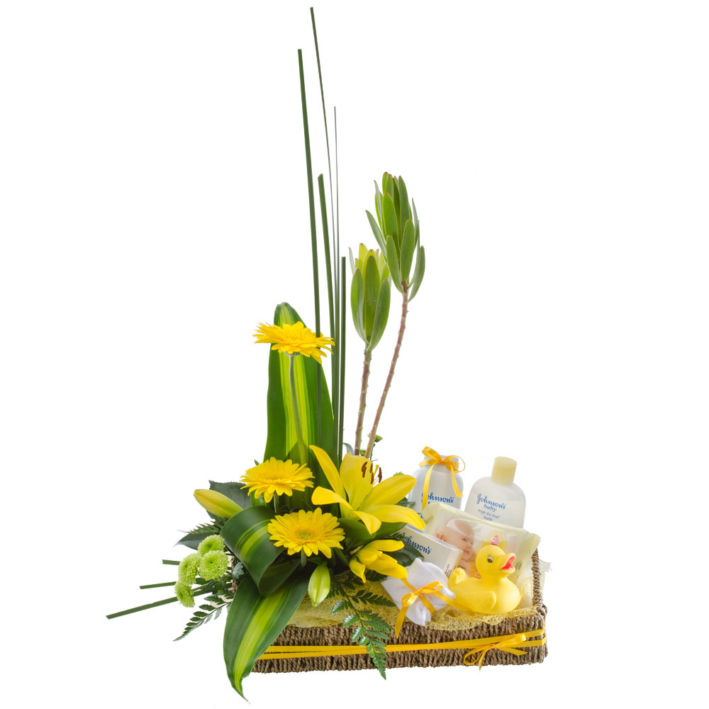 Newborn Gifts - Basket with Flowers and Baby Care Goods