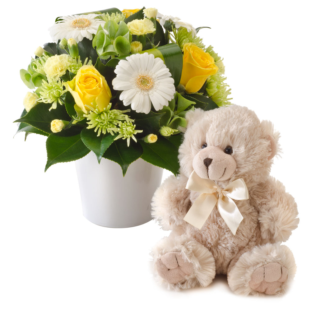 Newborn Gifts - Flower Arrangement and Teddy Bear