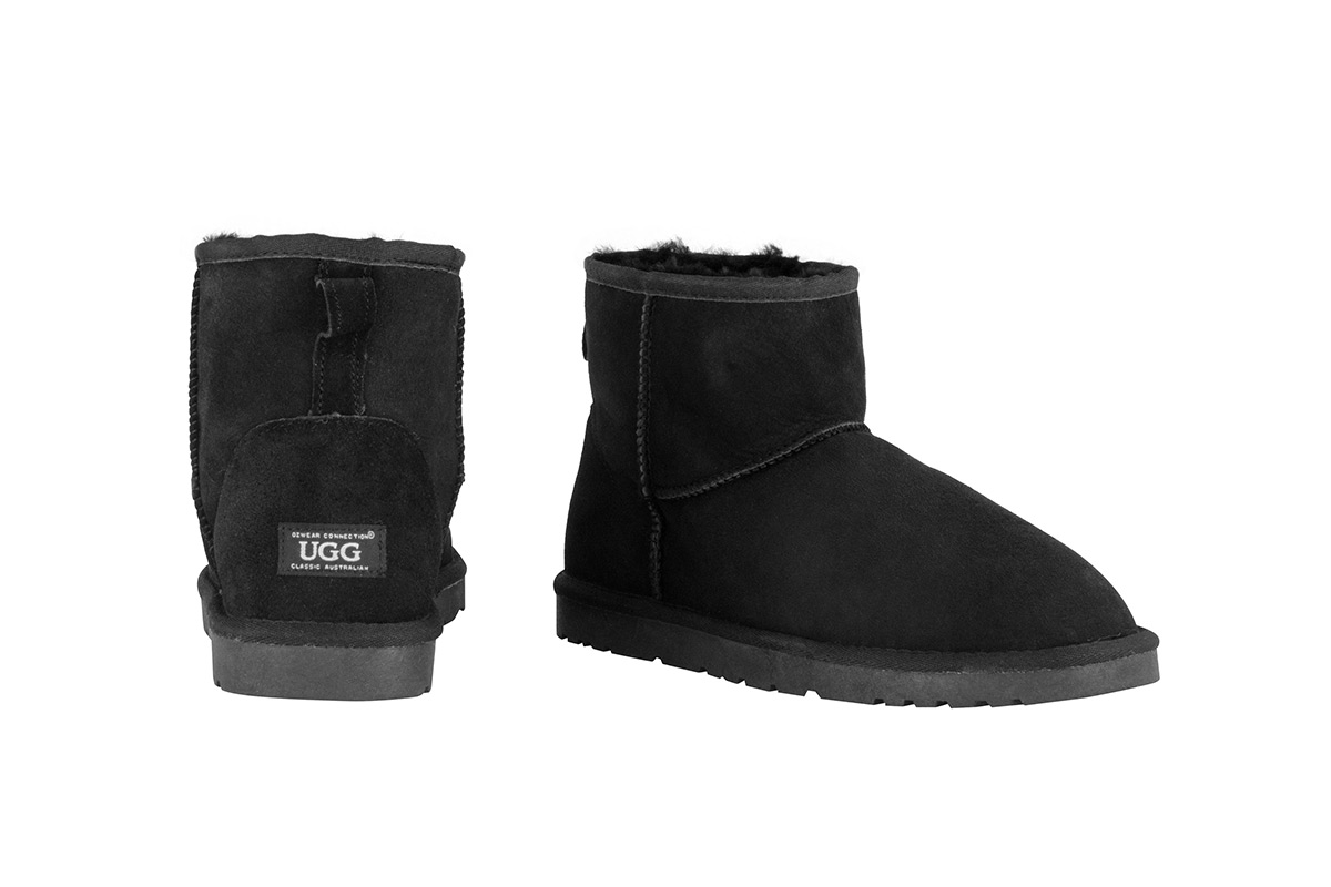 OZWEAR Connection Classic Mini Ugg Boots (Black, Size 5M / 6W US)