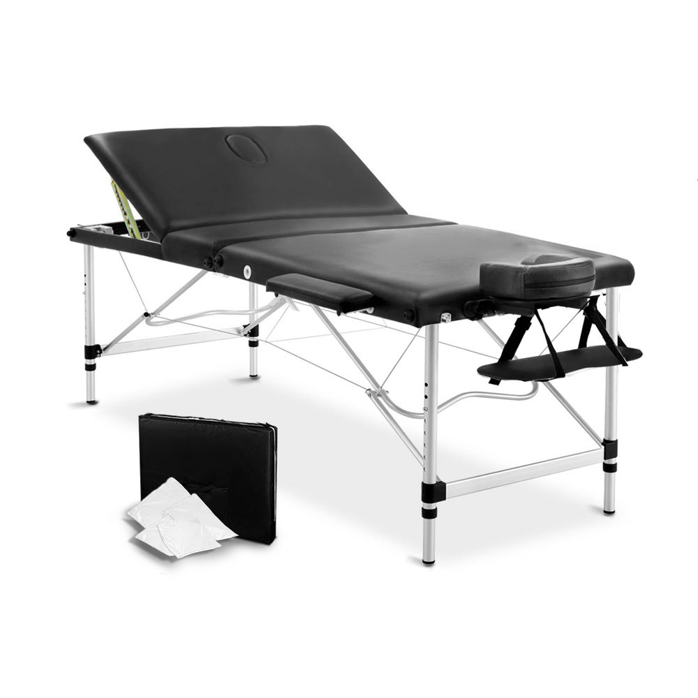 Portable Aluminium 3 Fold Massage Table Chair Bed (Black) 80cm