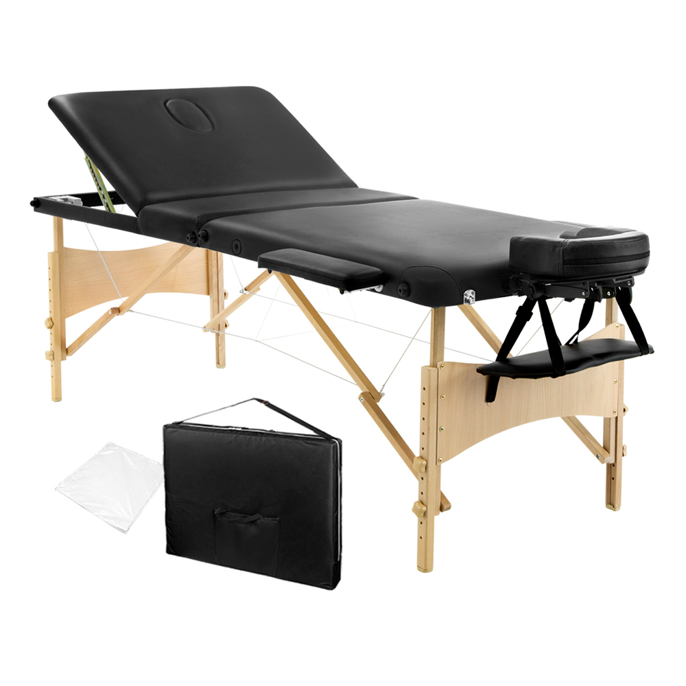 Portable Wooden 3 Fold Massage Table Chair Bed (Black) 70 cm