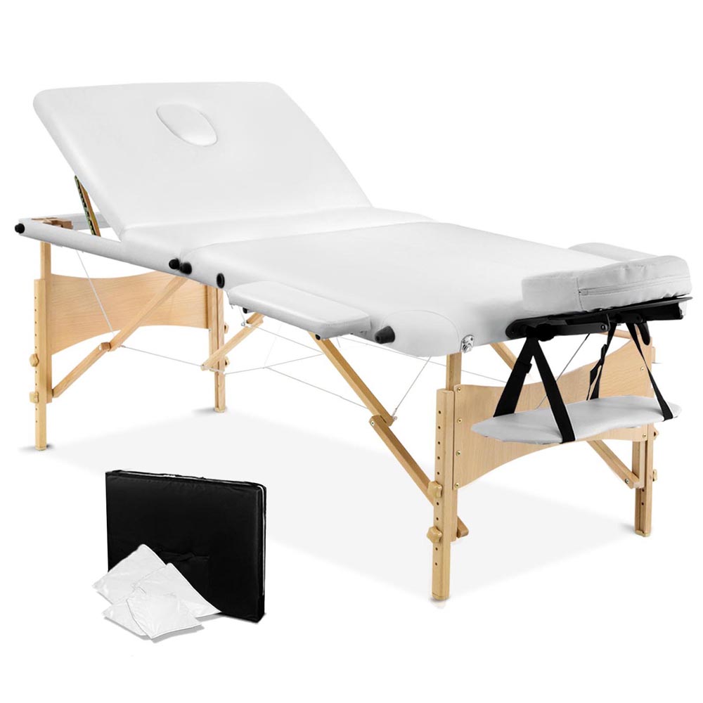 Portable Wooden 3 Fold Massage Table Chair Bed (White) 70 cm