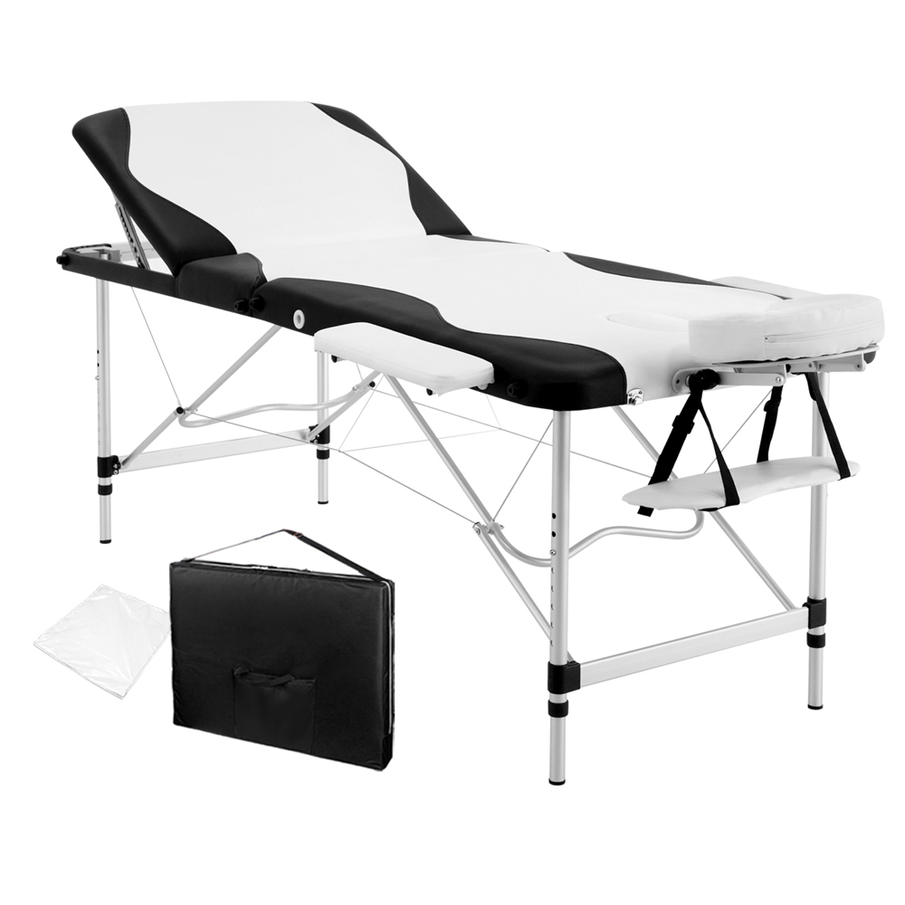 Portable Aluminium 3 Fold Massage Table Chair Bed (Black/White) 75cm