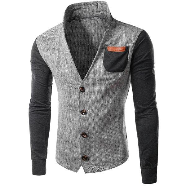 PU Leather Spliced Patch Pocket Zig Zag Pattern Hit Color Stand Collar Long Sleeves Men s Slimming Jacket