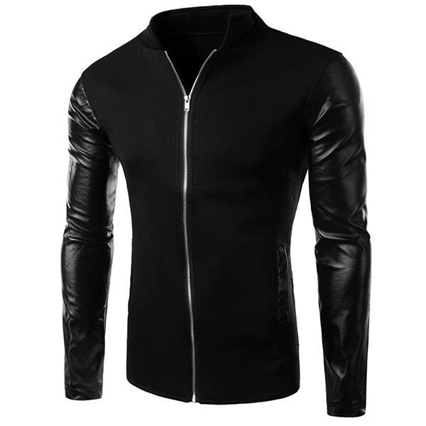 PU Leather Personality Spliced Hit Color Patch Pocket Stand Collar Long Sleeves Men s Slimming Sweatshirt