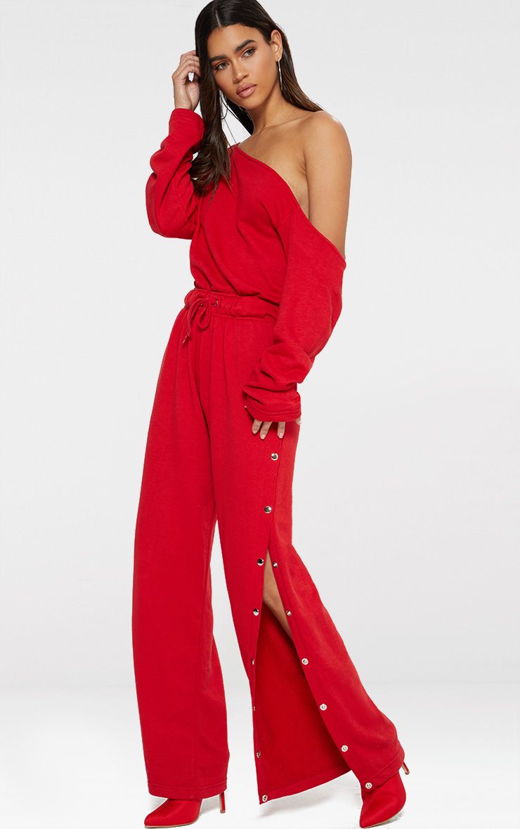 Red Loop Back Off the Shoulder Popper Leg Jumpsuit