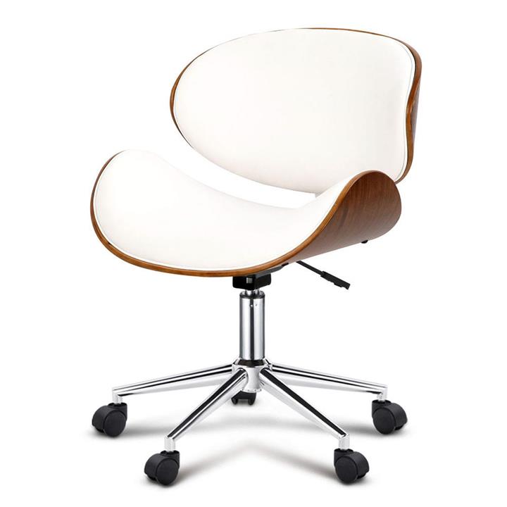 Retro Wooden Office Chair in PU Leather Padded Computer Gaming Executive Seat 5429 White