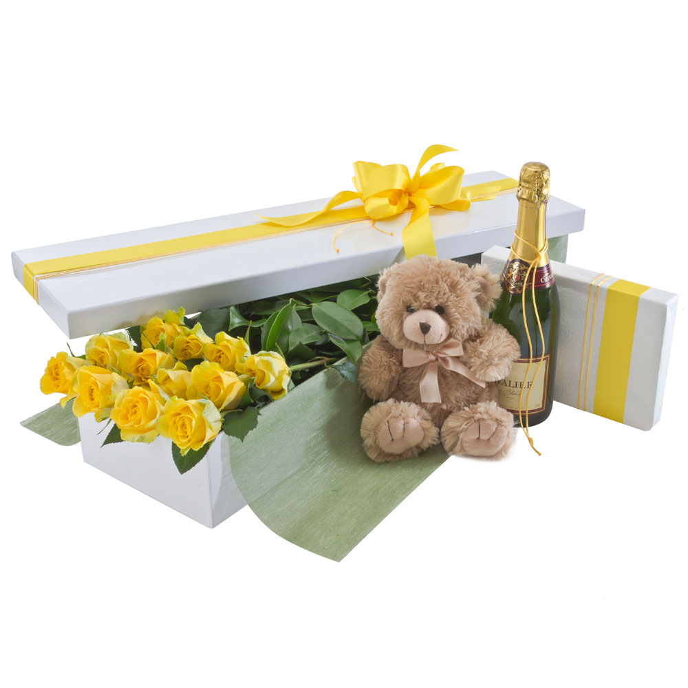 Roses - Box of 12 Roses with Chocolates, Sparkling Wine and Teddy Bear