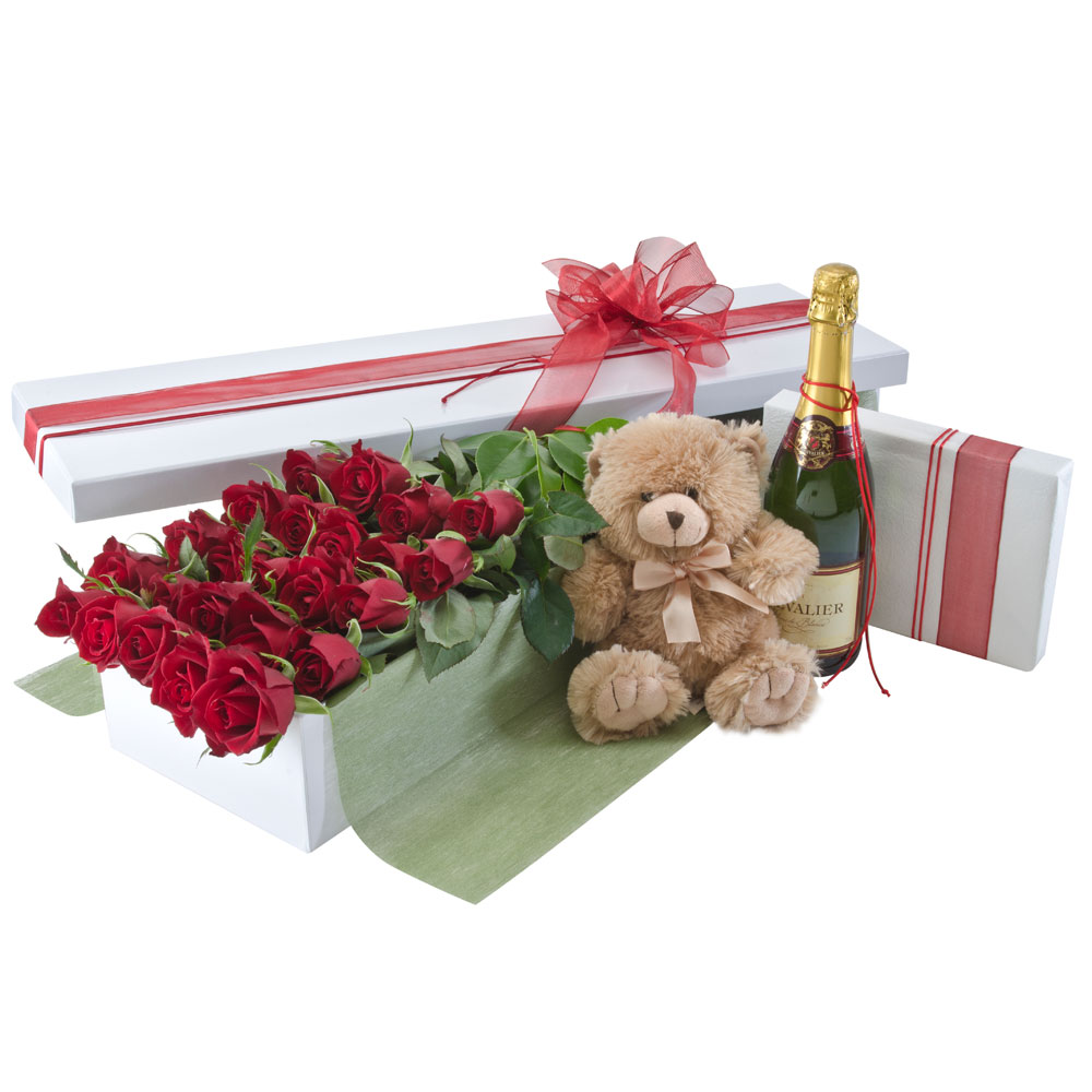 Roses - Box of 24 Roses With Chocolates, Teddy Bear and Sparkling Wine