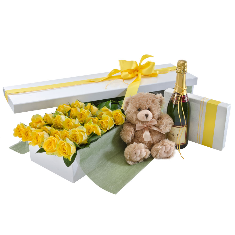 Roses - Box of 24 Roses With Chocolates, Teddy Bear and Sparkling Wine