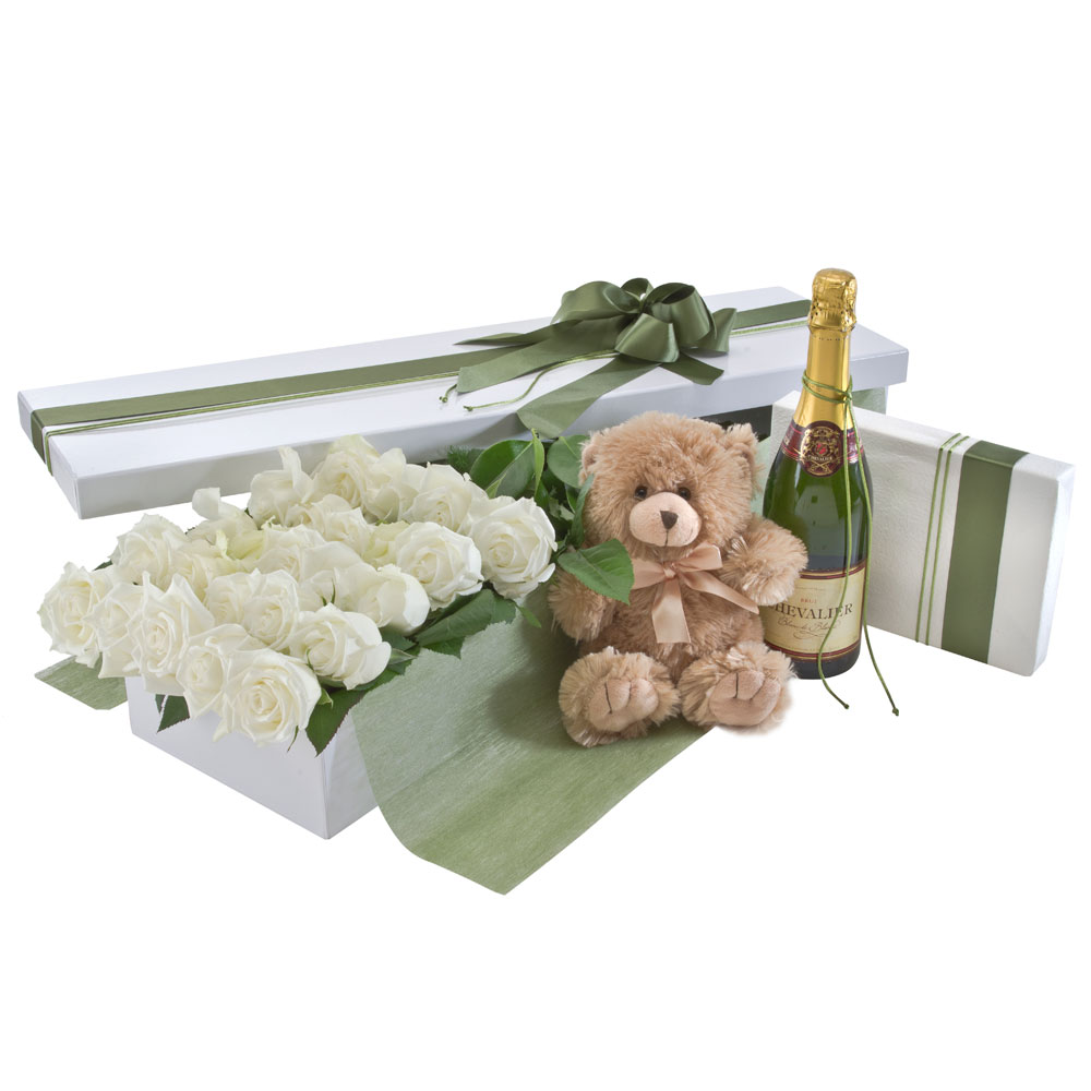 Roses - Box of 24 Roses With Chocolates, Teddy Bear and Sparkling Wine