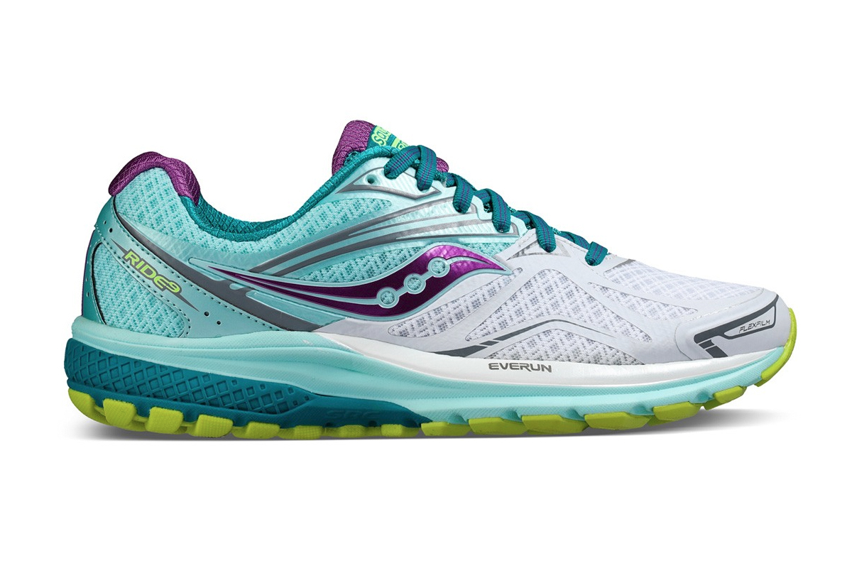 Saucony Women's Ride 9 Wide Running Shoe (White/Teal/Purple, Size 6)