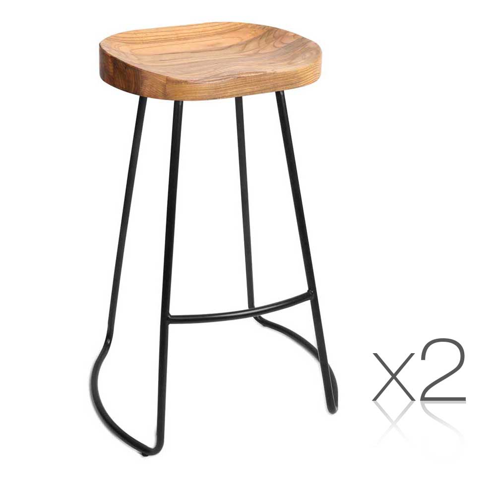 Set of 2 Steel Barstools with Wooden Seat (Natural)