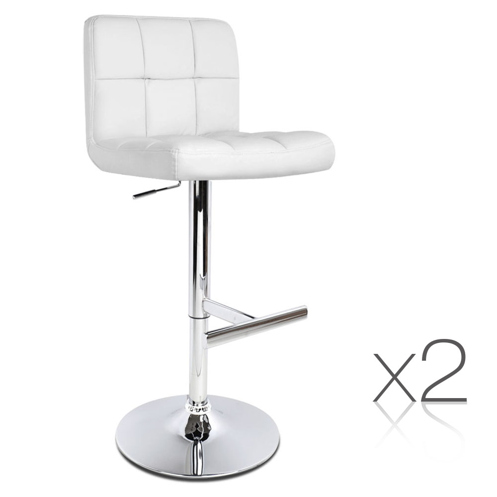 Set of 2 PU Leather Box Stitched Kitchen Bar Stool (White)