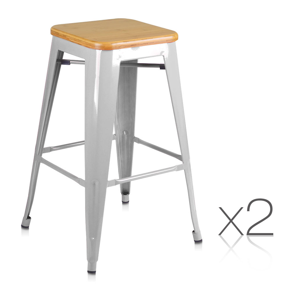 Set of 2 Steel Kitchen Bar Stools Bamboo Seat  66cm (Metal)