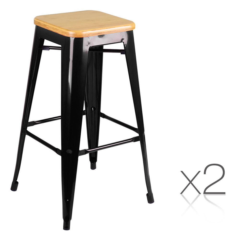 Set of 2 Steel Kitchen Bar Stools Bamboo Seat 76cm (Black)