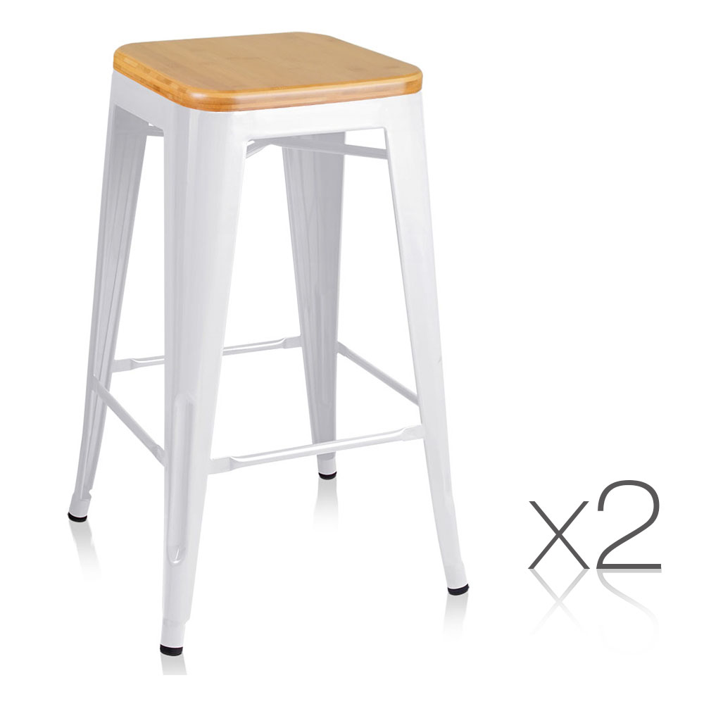 Set of 2 Steel Kitchen Bar Stools Bamboo Seat  66cm (White)