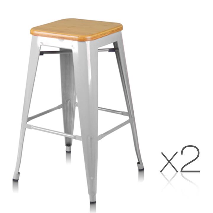 Set of 2 Replica Tolix Xavier Bar Stools Industrial Steel w/ Bamboo Seat Metal 66cm