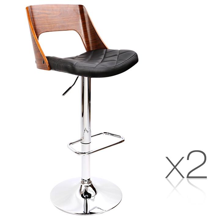 Set of 2 Wooden Bar Stools with Black Padded Seats