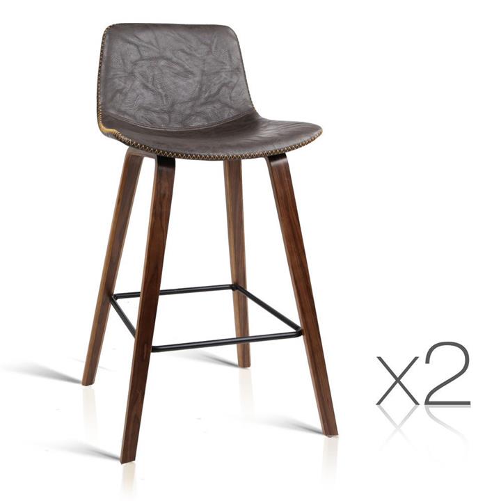 Set of 2 Wooden Bar Stool Faux Leather Padded Seat- Walnut