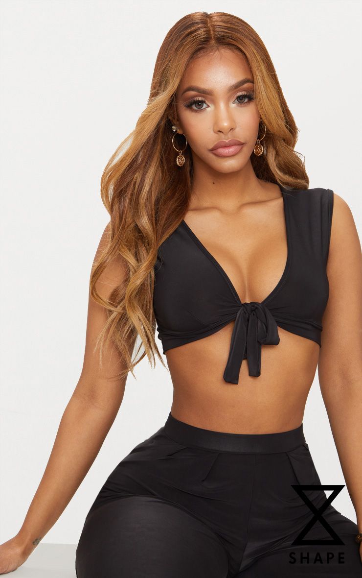 Shape Black Slinky Plunge Tie Front Crop Top