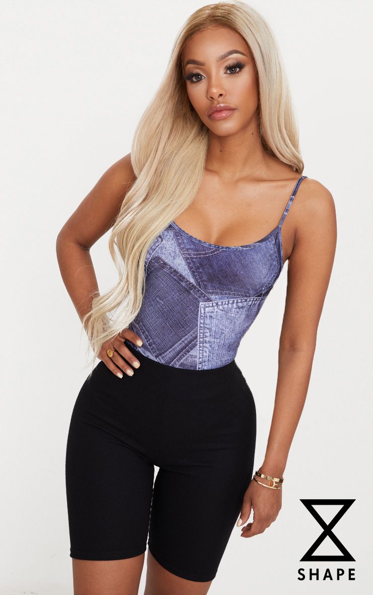 Shape Blue Slinky Strappy Denim Look Bodysuit