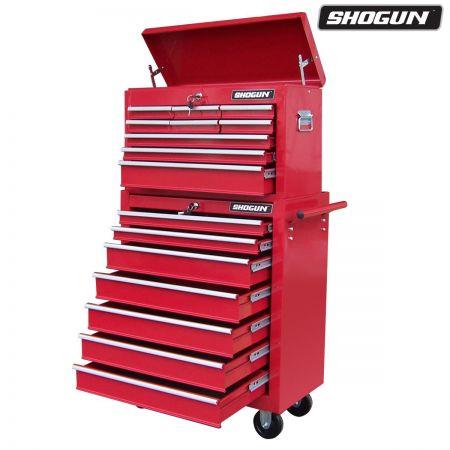 Shogun Mechanic Tool Box on Trolley with 16 Drawers, Side Handles and 4 Castors - Red