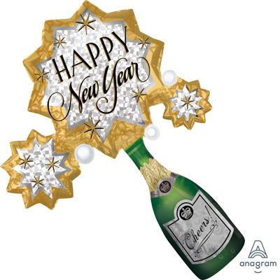 Shape Happy New Year Champagne Bottle and Stars Foil Balloon