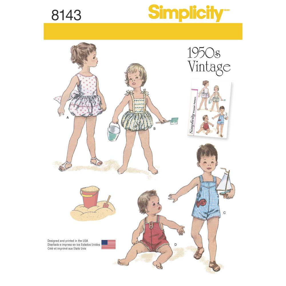 Simplicity 8143 Vintage Set Of One Piece Play Suits For Babies