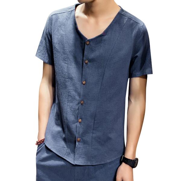 Soft Comfy Linen Cotton V Neck Short Sleeve Loose Shirts