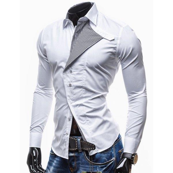 Special Irregular Double Button Fly Hit Color Plaid Spliced Shirt Collar Long Sleeves Men s Slimming Shirt