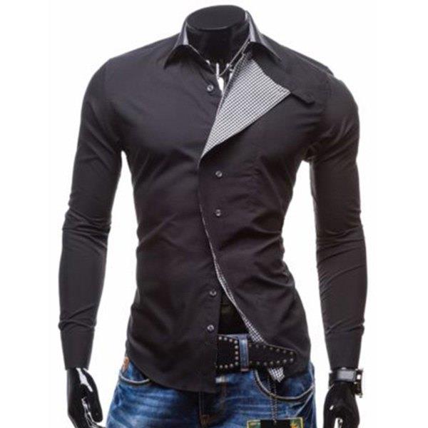 Special Irregular Double Button Fly Hit Color Plaid Spliced Shirt Collar Long Sleeves Men s Slimming Shirt