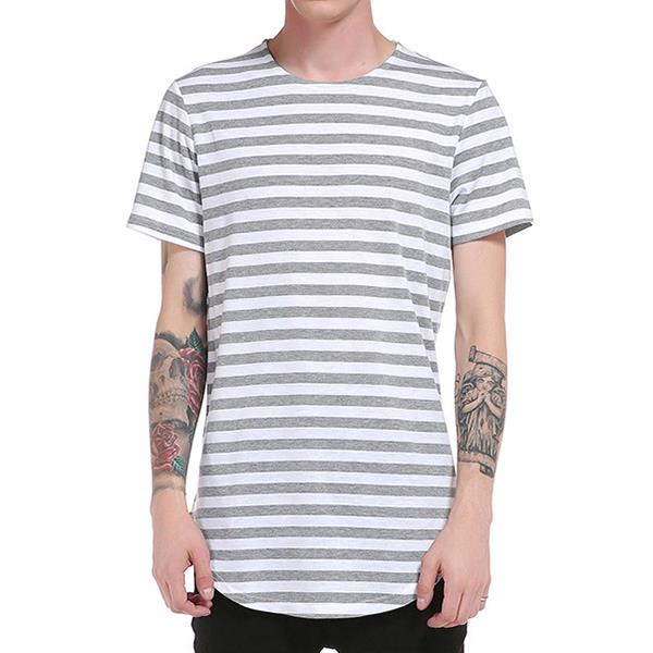 Summer Mens Hip-Hop Striped Printed T-shirt Long Hem O-neck Short Sleeve Casual Cotton Tops Tees