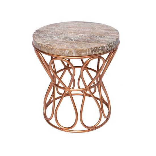 Teak/Rose Gold Iron Loop Side table