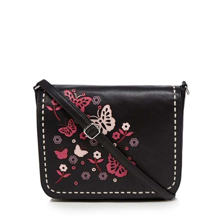 The Collection Black Leather Butterfly Applique Cross Body Bag, Women's