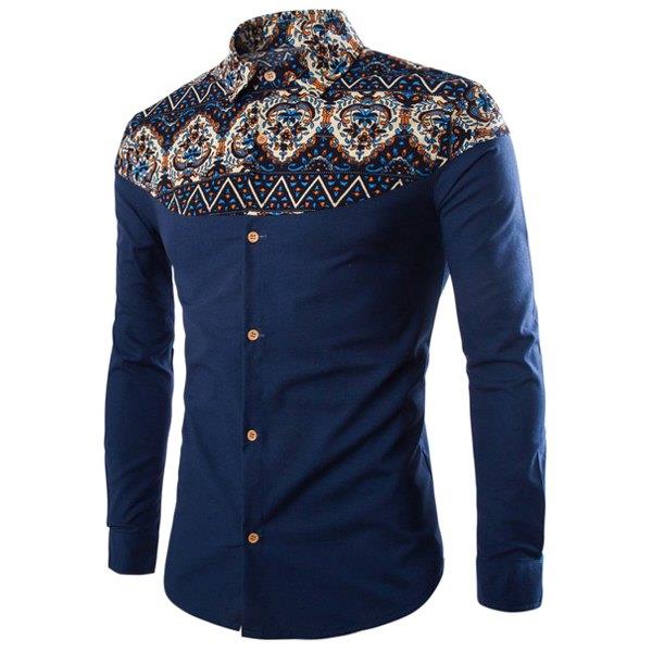 Tribal Print Spliced Wavy Stripes Hit Color Slimming Shirt Collar Long Sleeves Men s Linen Blended Shirt