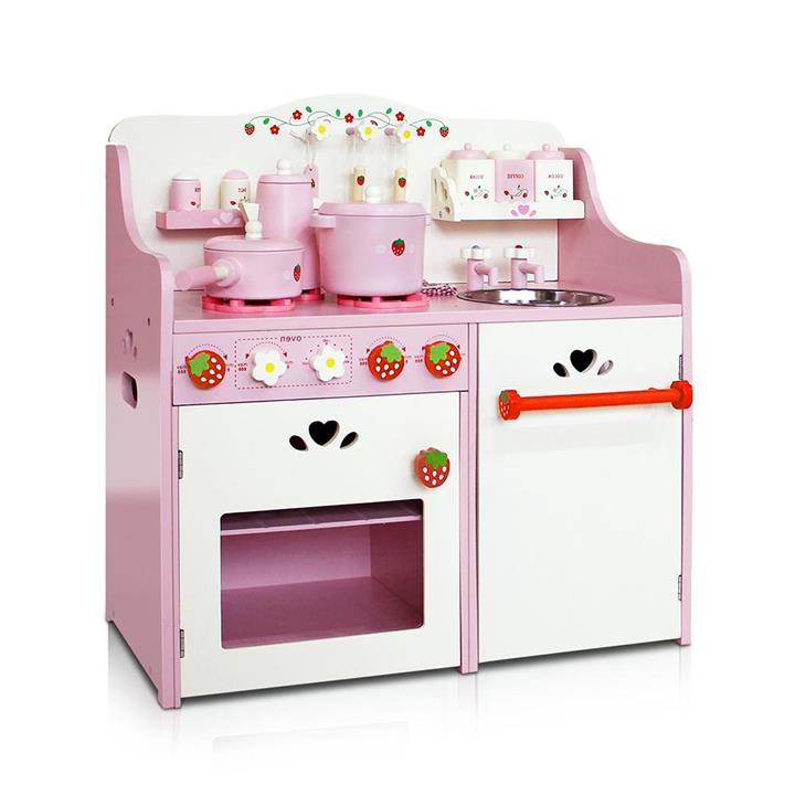 Very Berry Wooden Kids Kitchen with 9 Toy Kitchen Accessories - Children Wooden Kitchen Play Set Pink