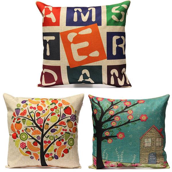 Vintage Letter Fruit Tree HouseCotton Linen Pillow Case Home Decor Sofa Car Cushion Cover