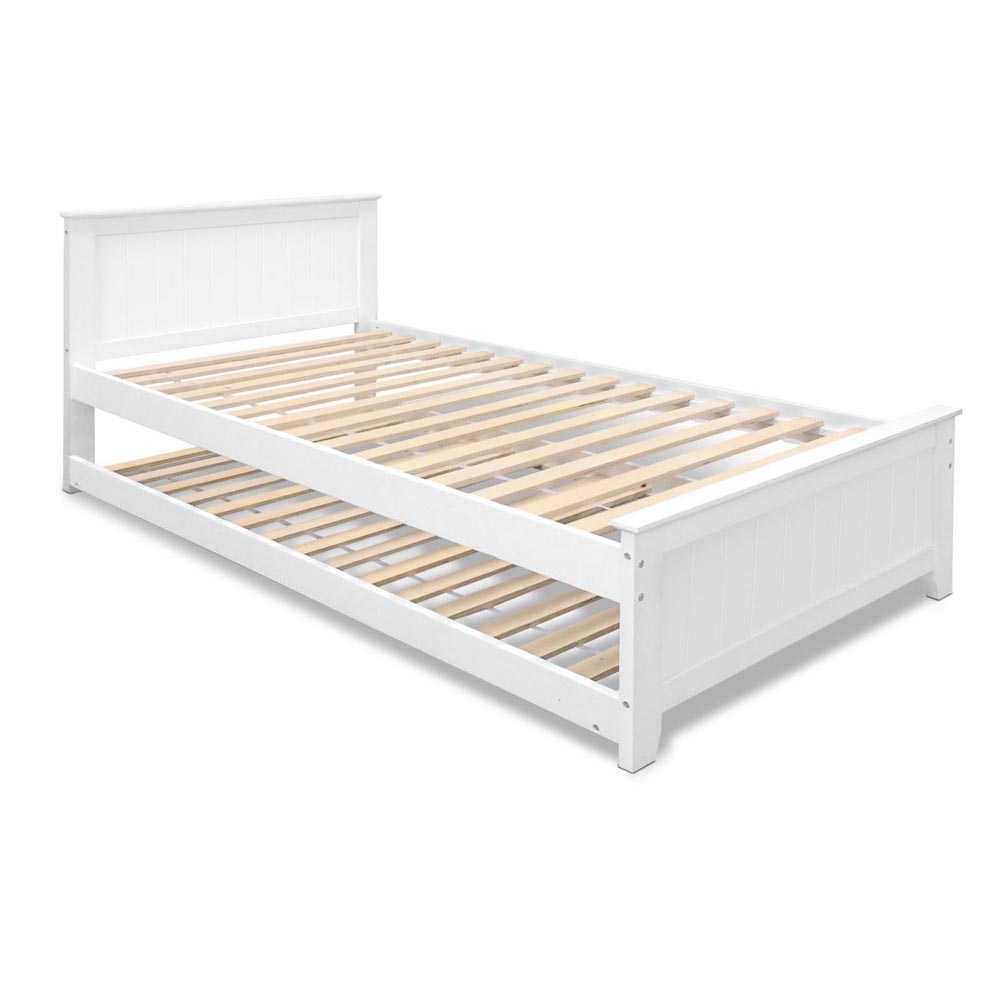 Wooden Bed Frame with Trundle (King Single/White)