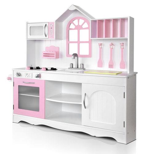 Wooden Childs Kitchen Children Kids Toddlers Pretend Play Set White Pink