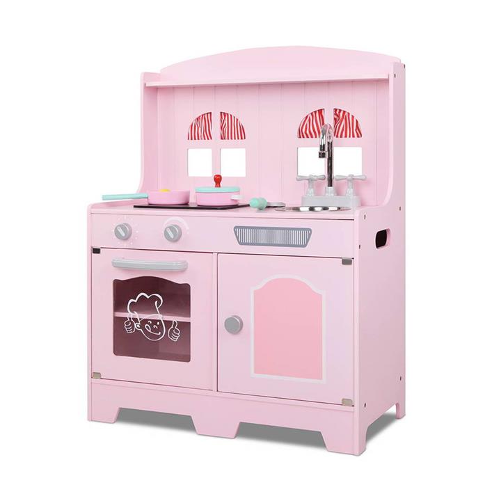 Wooden Childs Kitchen W/ 4pc Accessories Children Kids Toddlers Pretend Play Set Pink 80cm Tall