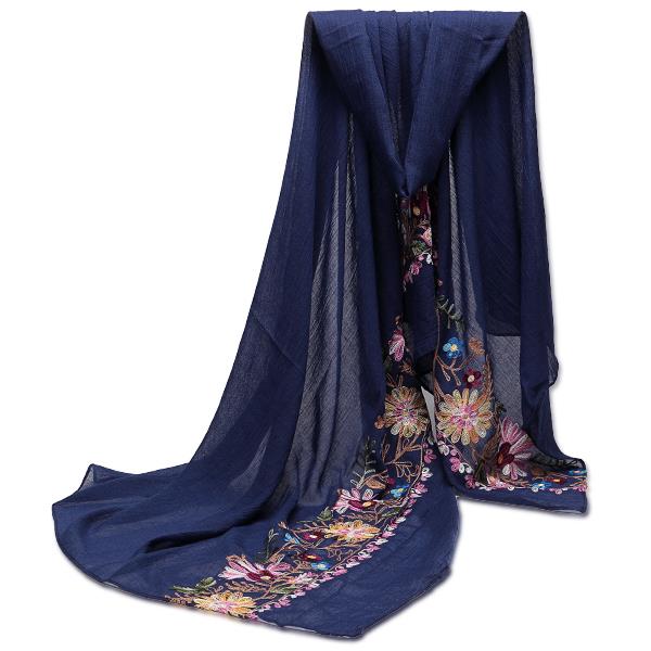 Women Ladies Flower Embroidery Linen Cotton  Scraves Folk National Style Stole Long Shawl Wrap