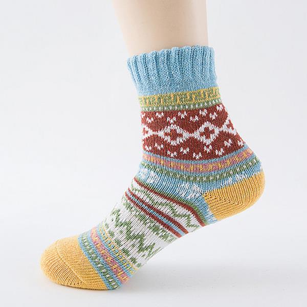 Women Autumn Thicken Warm Folk Custom Wool Socks Casual Flowers Art Middle Tube Socks