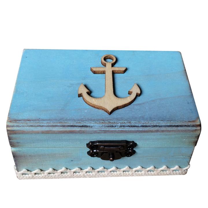 Wooden Mediterranean Anchor Rectangular Ring Box - Sea Blue Wooden Ring Bearer Box