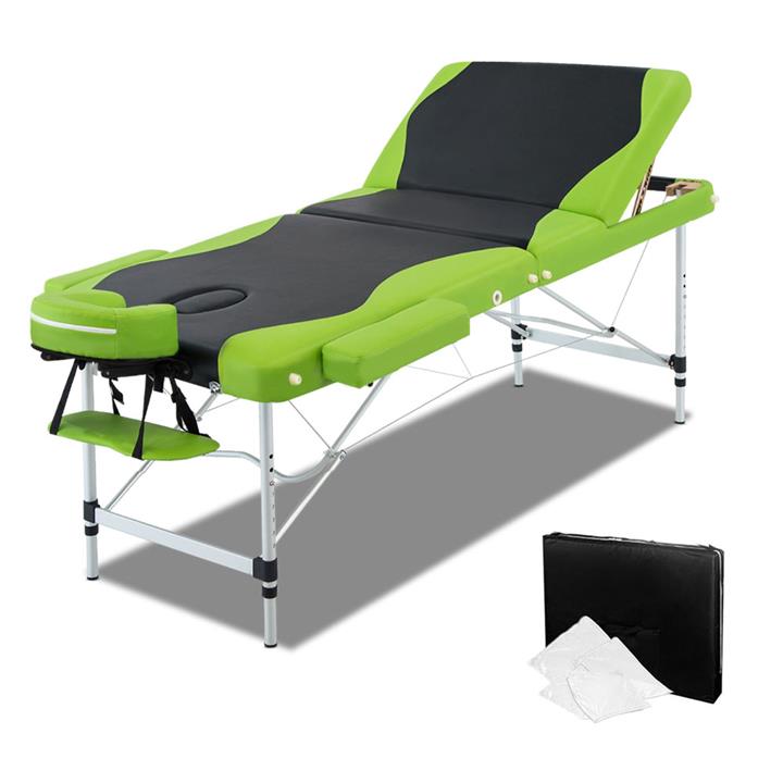 Zenses Portable Massage 3 Fold Aluminium Table for Beauty Therapy 75cm Wide Green Black