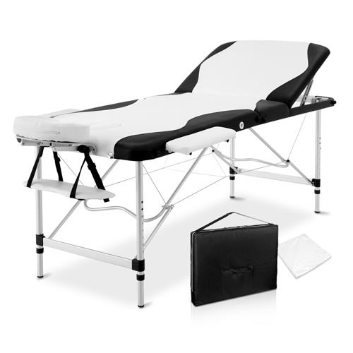 Zenses Portable Massage 3 Fold Aluminium Table for Beauty Therapy 75cm Wide Black White