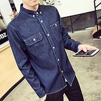  p47 spring new solid color denim shirt male long sleeved shirt is mor ...