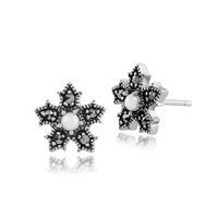 0.24ct Pearl & Marcasite Flower Stud Earrings in 925 Sterling Silver