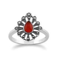 0.30ct Carnelian & Marcasite Art Deco Ring in 925 Sterling Silver